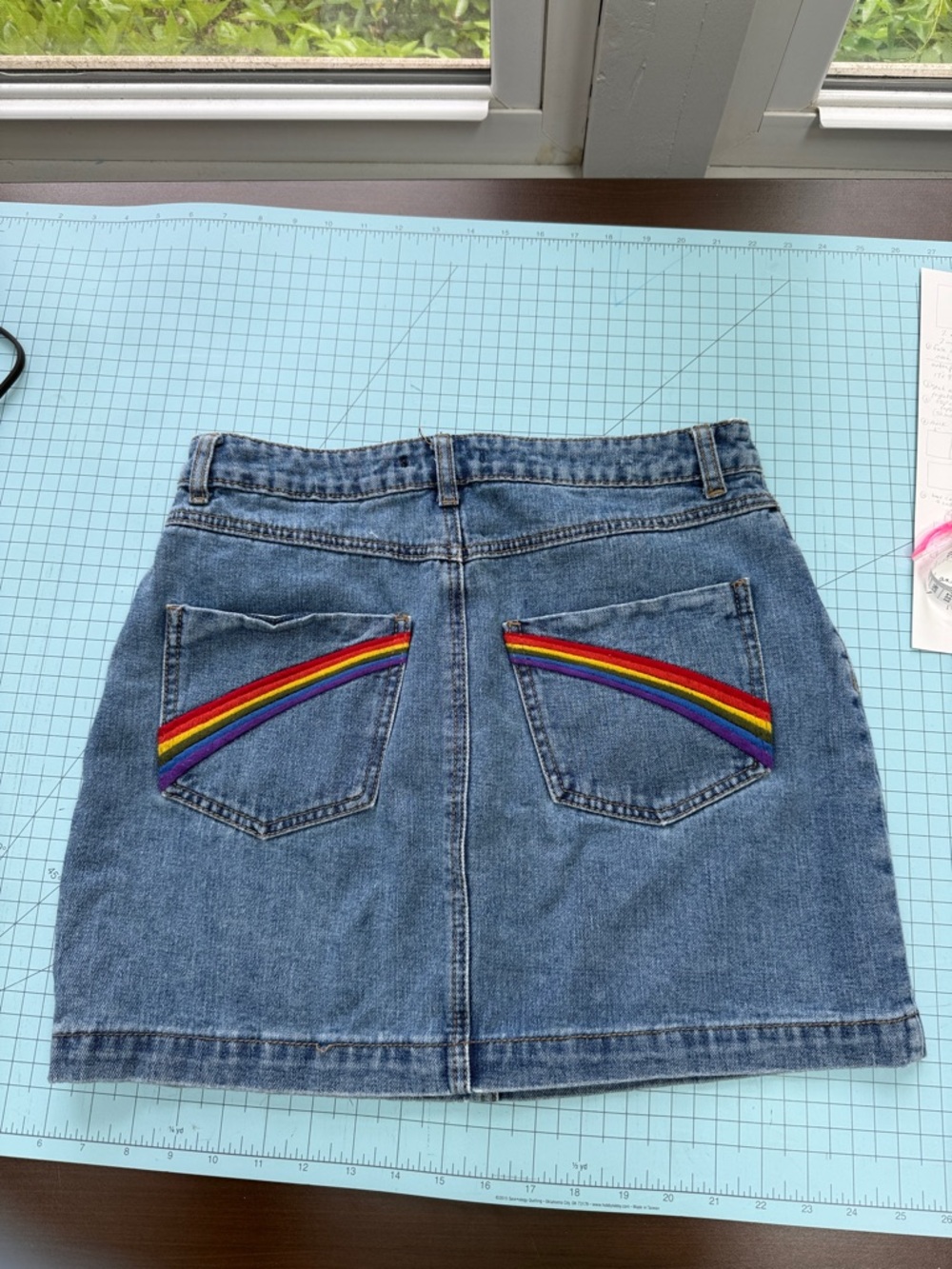Forever 21 Medium Blue Button-Front Denim Mini Skirt with Rainbow Detail on Rear